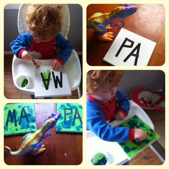 Tape off words onto canvas and allow your toddler to go crazy painting them, remove tape when dry.